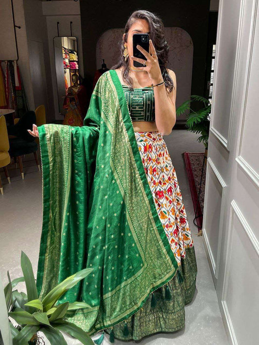 Women's Tussar Silk Patola Print Lehenga Choli Dupatta Set - Green