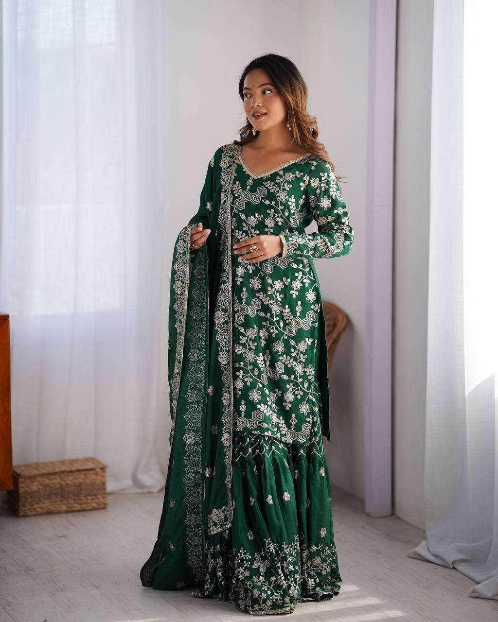 Women's Chinon Silk Embroidery Sequence Work Straight Kurti With Sharara Suit and Dupatta Set - Green, M