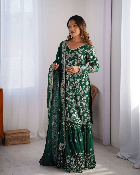 Women's Chinon Silk Embroidery Sequence Work Straight Kurti With Sharara Suit and Dupatta Set - Green, M