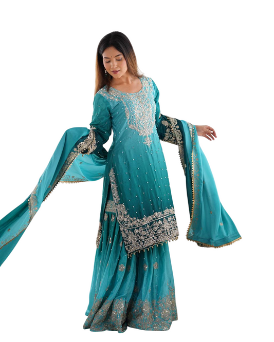 Women's Chinon Silk Sequence With Rivet Moti Work Straight Kurta With Sharara and Dupatta Set - Sky Blue, M