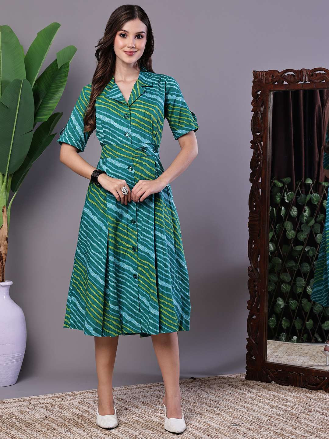 Women's eal Green Striped Cotton Midi Shirt Dress - M