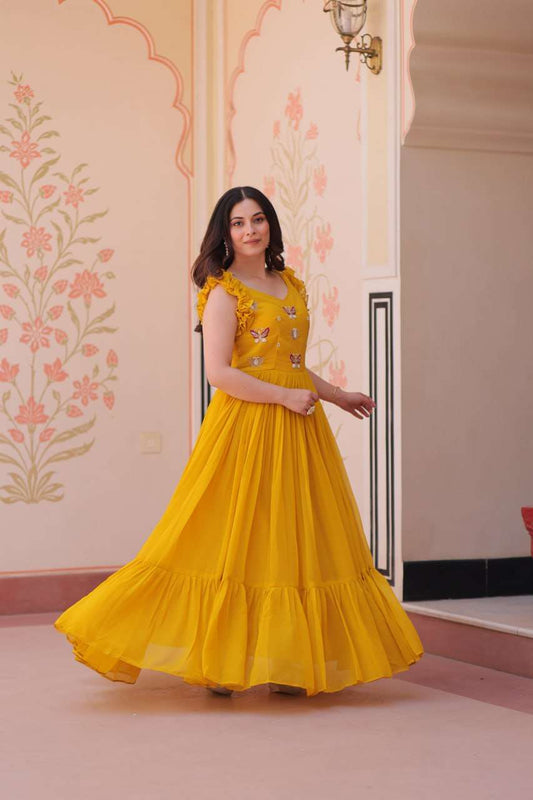 Women's Elegant Plum Purple Georgette Anarkali Gown with Butterfly Applique & Ruffle Sleeves â Festive & Special Occasion Wear - Yellow, L (40)