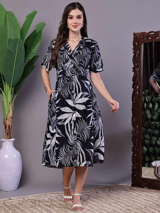 Women's Tropical Palm Print Black & White Cotton Shirt Dress - XL