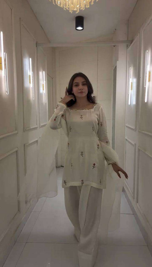 Women's Raw Silk Floral Printed Straight Kurti With Salwar and Dupatta Set - white, L