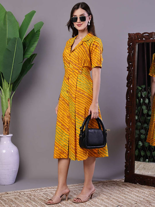 Women's Yellow Printed Cotton Shirt Dress - L