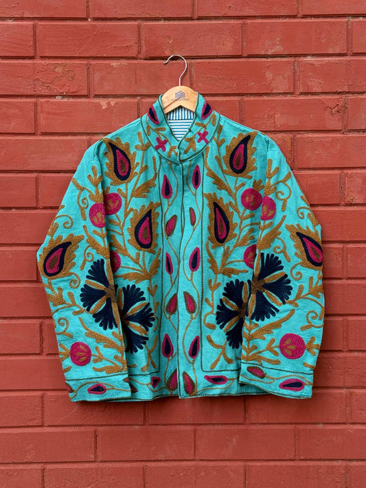 Womens Teal Blue Velvet Embroidered Jacket with Floral Design