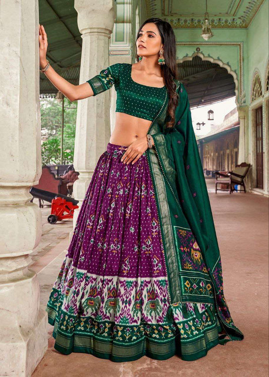Women's Traditional Patola Print Tussar Silk Lehenga Choli with Festive Dupatta - Blue