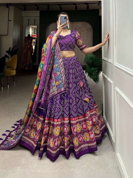 Women's Patola Print Lehenga Choli with Dupatta ? Traditional Gujarati Style Festive Wear - Purple