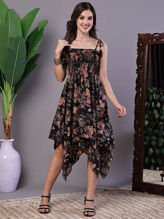 Women's Black Floral Printed Cotton Handkerchief Hem Dress Midi Dresses - XL