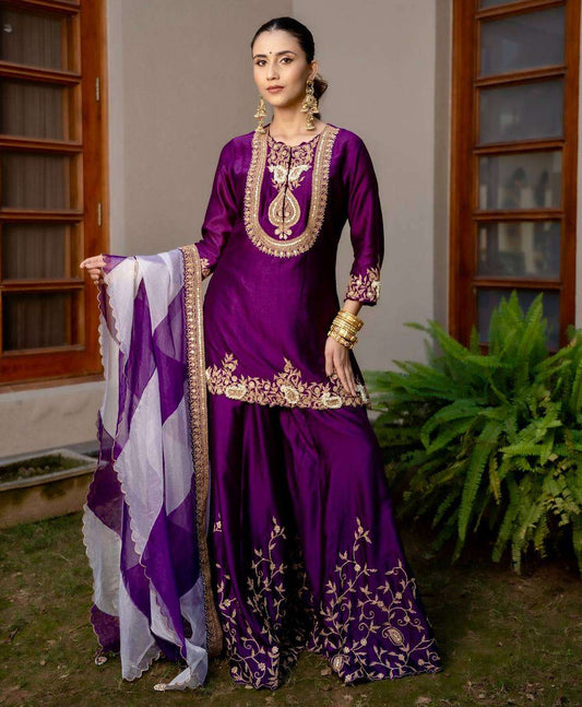Women's Chinon Silk Sequence Embroidery Work Straight Kurti With Sharara Suit and Dupatta Set - Wine, XL