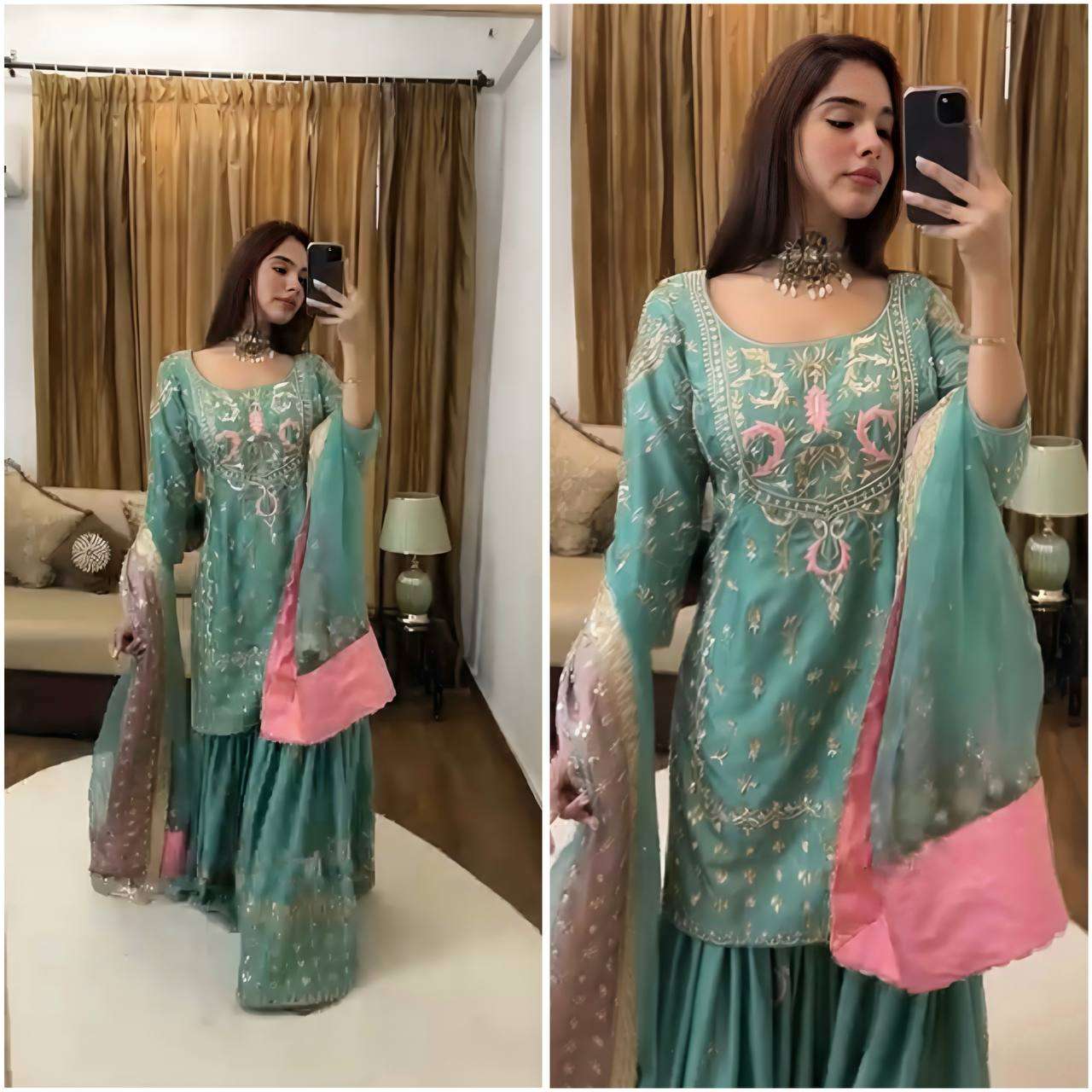 Women's Chinon Silk Heavy Embroidery Straight Kurta With Sharara and Dupatta set - Green, XXL
