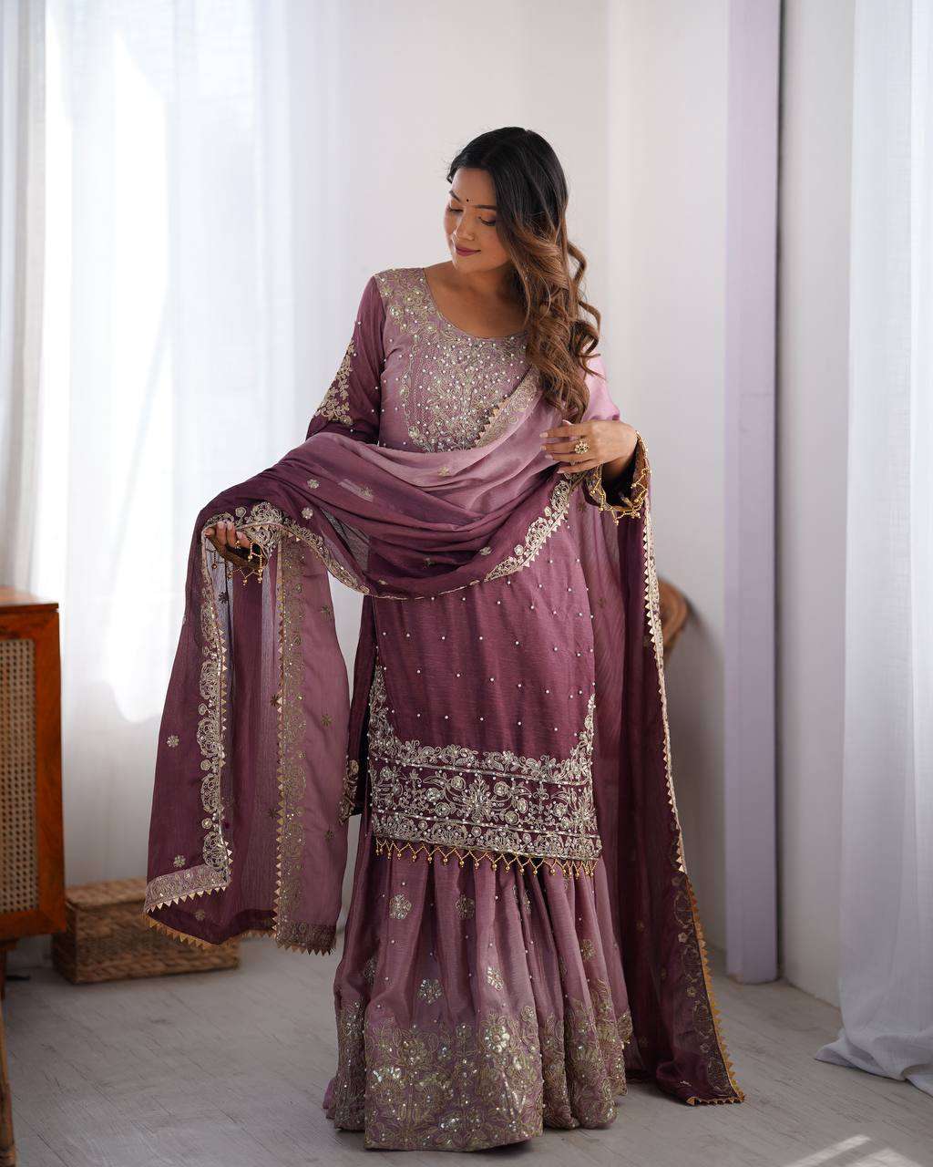 Women's Chinon Silk Sequence With Rivet Moti Work Straight Kurta With Sharara and Dupatta Set - Purple, XL
