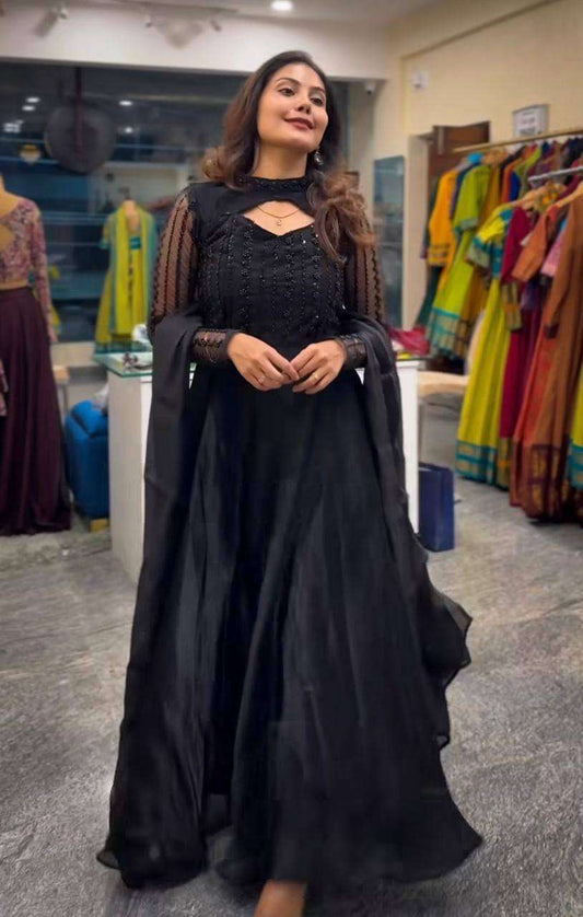 Women's Silk Heavy Embroidery Sequence Work Long Anarkali Kurti With Pant and Dupatta Set - Black, XL