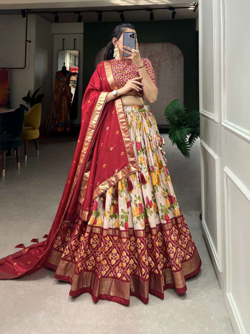 Women's Luxurious Tussar Silk Lehenga Choli with Intricate Prints & Can-Can Flair - Red