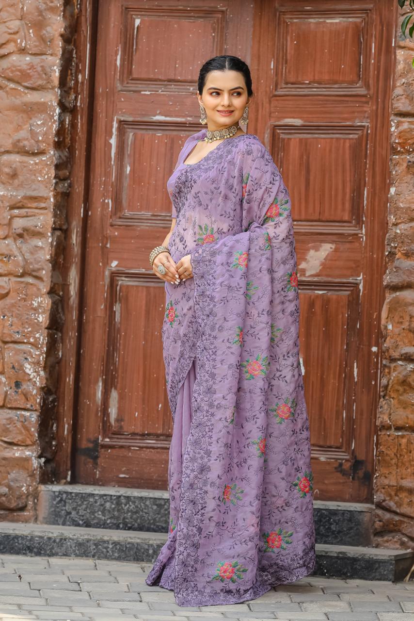 Women's Elegant Sage Green Georgette Saree with Delicate Floral Embroidery & Sequin Work â Perfect for Summer Festivities & Day Events - Lavender/Light Purple