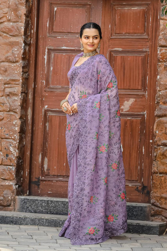 Women's Elegant Sage Green Georgette Saree with Delicate Floral Embroidery & Sequin Work â Perfect for Summer Festivities & Day Events - Lavender/Light Purple