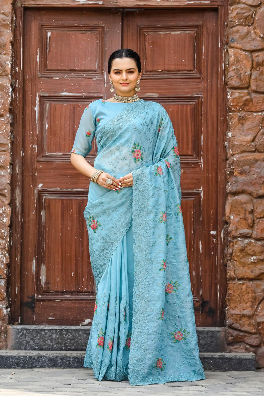 Women's Elegant Sage Green Georgette Saree with Delicate Floral Embroidery & Sequin Work â Perfect for Summer Festivities & Day Events - Light Blue/Sky Blue.