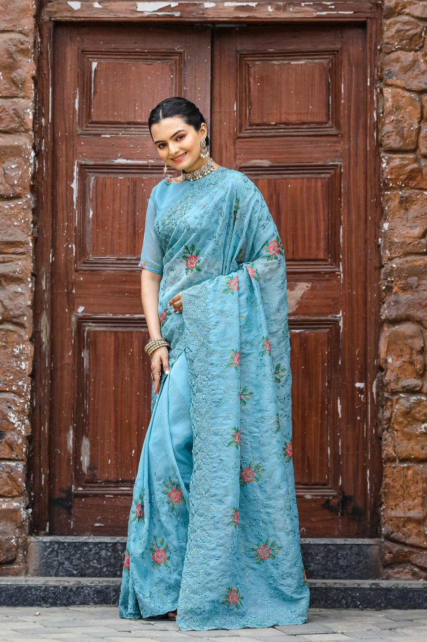 Women's Elegant Sage Green Georgette Saree with Delicate Floral Embroidery & Sequin Work â Perfect for Summer Festivities & Day Events