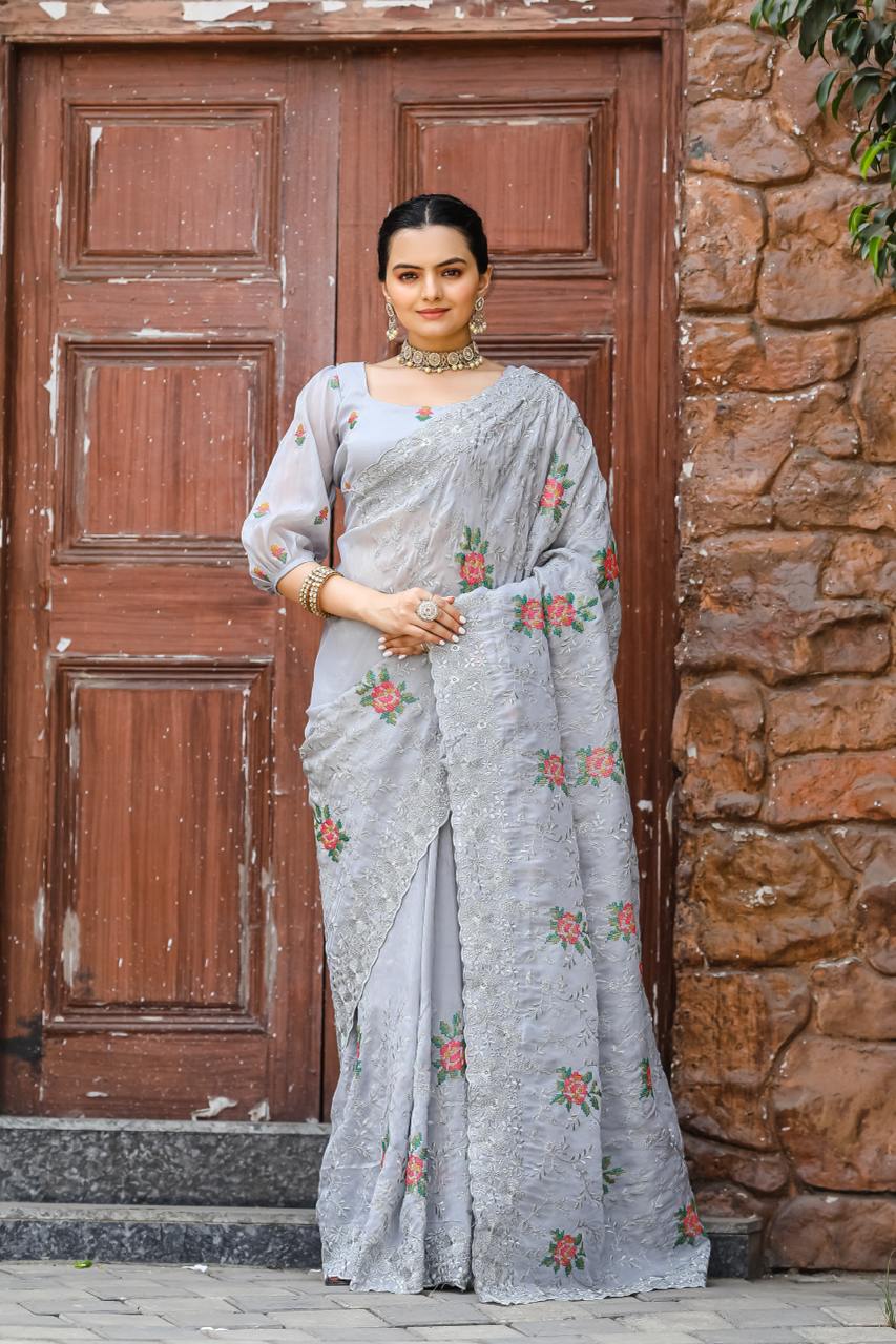 Women's Elegant Sage Green Georgette Saree with Delicate Floral Embroidery & Sequin Work â Perfect for Summer Festivities & Day Events - Light Grey