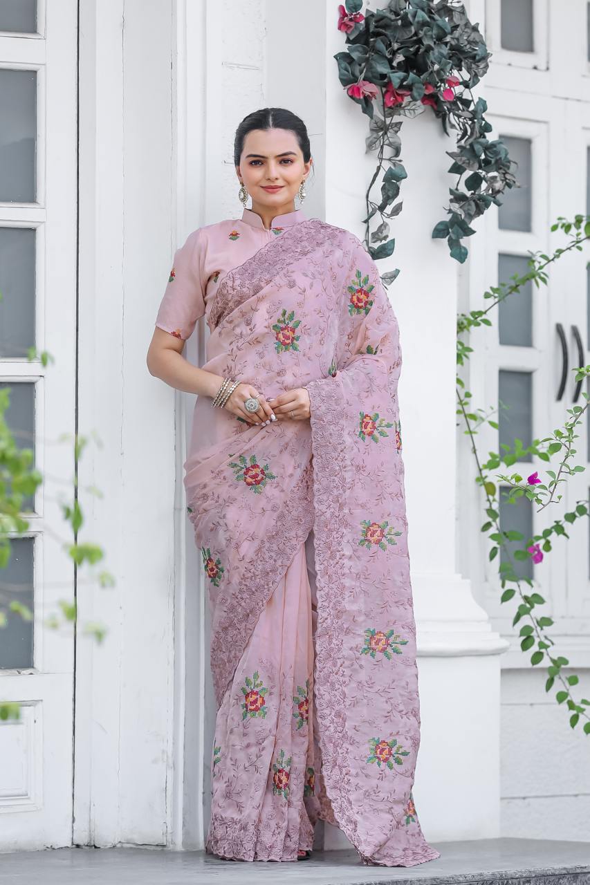 Women's Elegant Sage Green Georgette Saree with Delicate Floral Embroidery & Sequin Work â Perfect for Summer Festivities & Day Events - Light Pink/Mauve