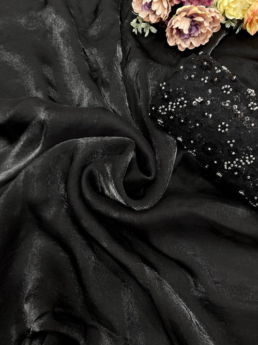 Women's Classic Black Shimmer Saree with All-Over Sequin Embellished Blouse Piece - Grey and Black