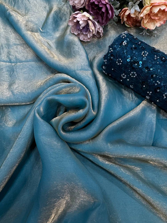 Women's Lustrous Teal Tissue Silk Saree with All-Over Sequin Embellished Blouse Piece - Teal Blue