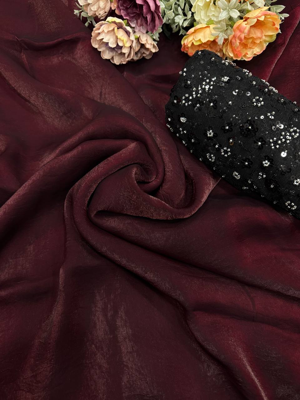 Women's Rich Wine Tissue Silk Saree with All-Over Sequin Embroidered Blouse Piece - Maroon