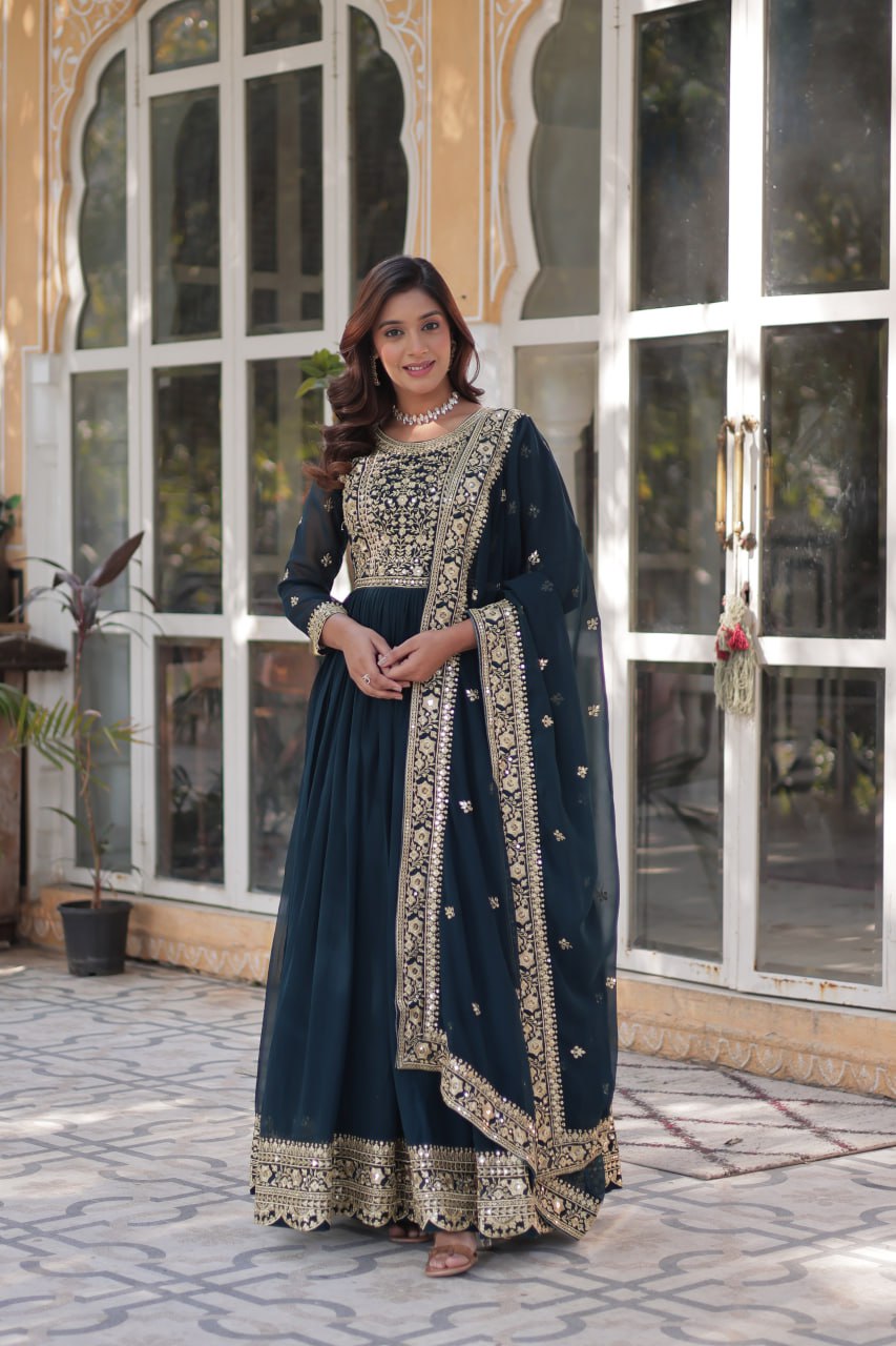 Women's Luxurious Plum Velvet Anarkali Gown with Heavy Gold Zari & Sequin Embroidery â Perfect for Weddings & Grand Festivities - Navy Blue, M (38)