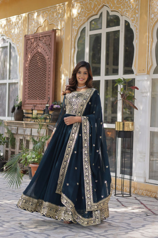 Women's Luxurious Plum Velvet Anarkali Gown with Heavy Gold Zari & Sequin Embroidery â Perfect for Weddings & Grand Festivities - Navy Blue, L (40)