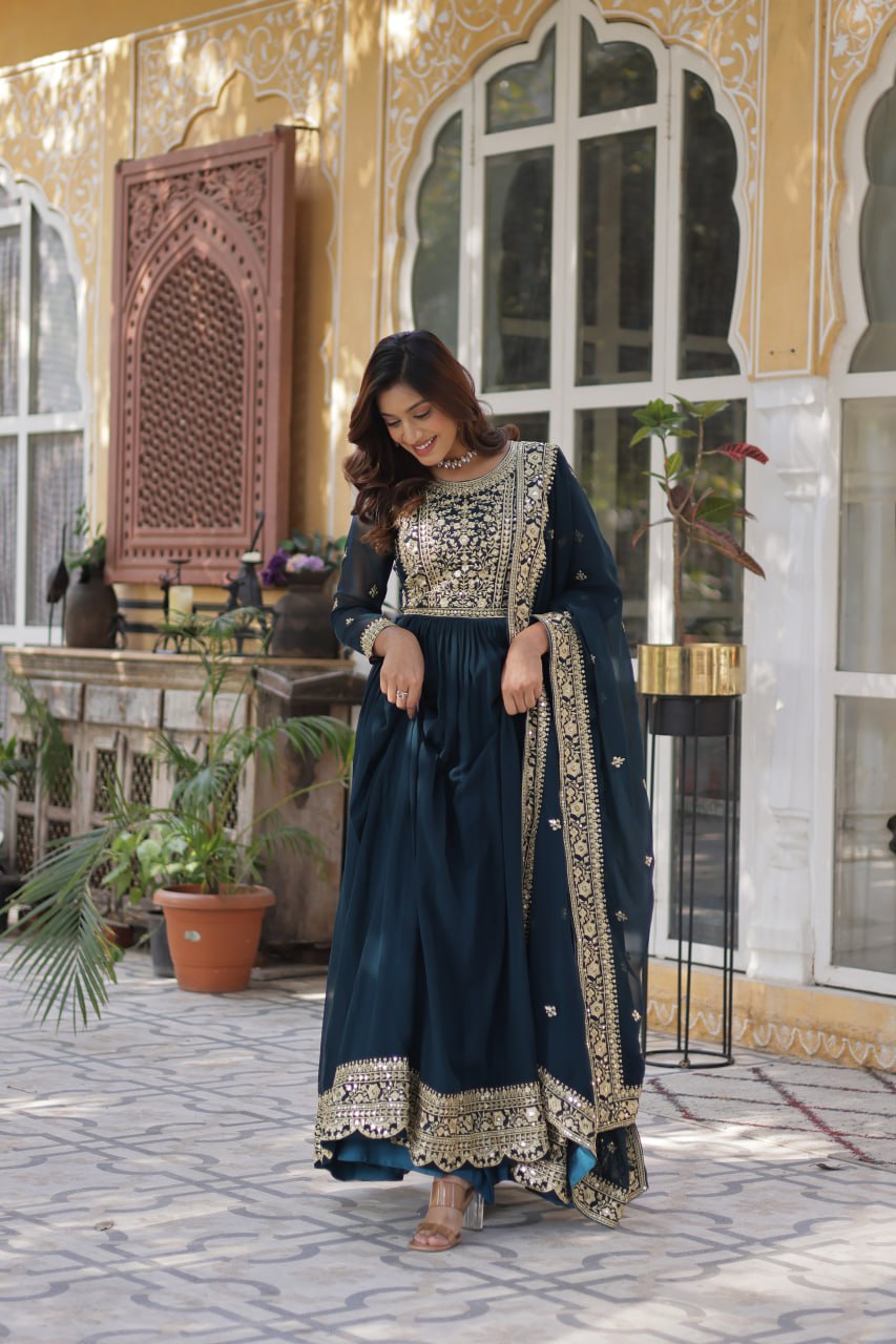 Women's Luxurious Plum Velvet Anarkali Gown with Heavy Gold Zari & Sequin Embroidery â Perfect for Weddings & Grand Festivities - Navy Blue, XL (42)