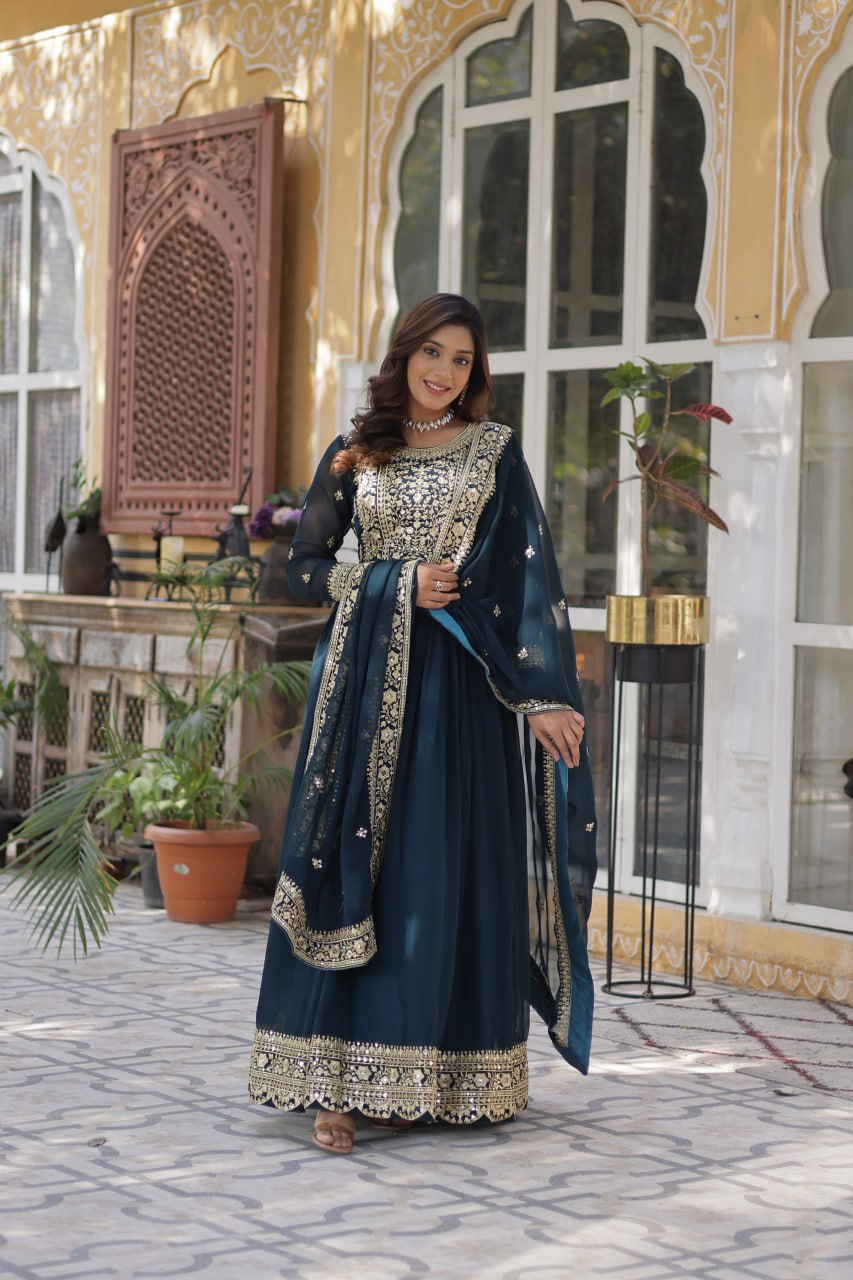 Women's Luxurious Plum Velvet Anarkali Gown with Heavy Gold Zari & Sequin Embroidery â Perfect for Weddings & Grand Festivities - Navy Blue, XXL (44)