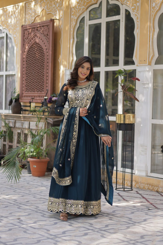 Women's Luxurious Plum Velvet Anarkali Gown with Heavy Gold Zari & Sequin Embroidery â Perfect for Weddings & Grand Festivities - Navy Blue, XXL (44)