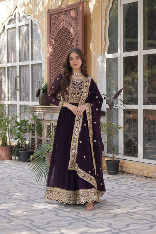Women's Luxurious Plum Velvet Anarkali Gown with Heavy Gold Zari & Sequin Embroidery â Perfect for Weddings & Grand Festivities - Purple, XXL (44)