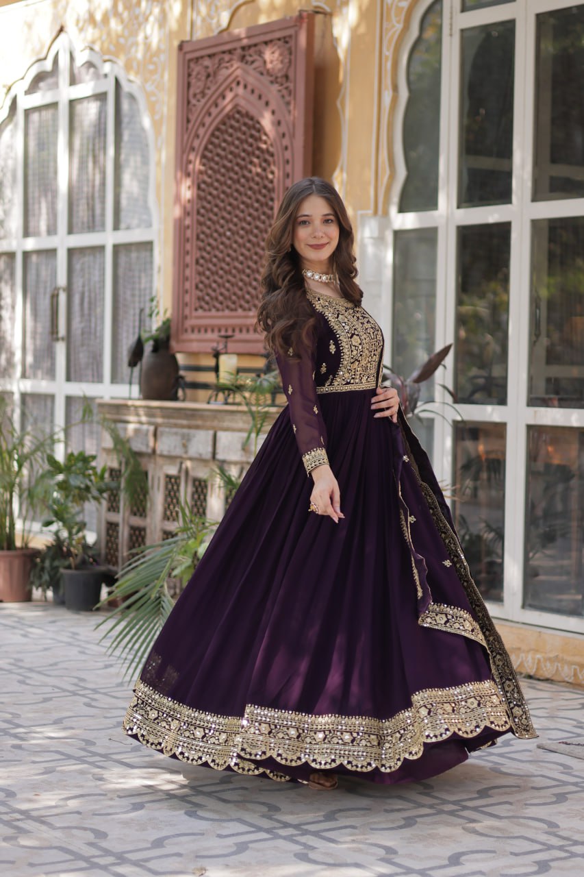 Women's Luxurious Plum Velvet Anarkali Gown with Heavy Gold Zari & Sequin Embroidery â Perfect for Weddings & Grand Festivities
