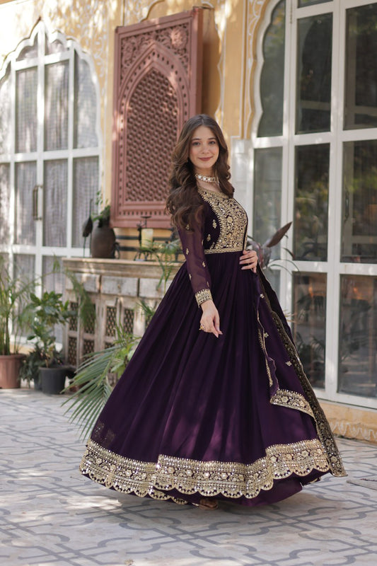 Women's Luxurious Plum Velvet Anarkali Gown with Heavy Gold Zari & Sequin Embroidery â Perfect for Weddings & Grand Festivities