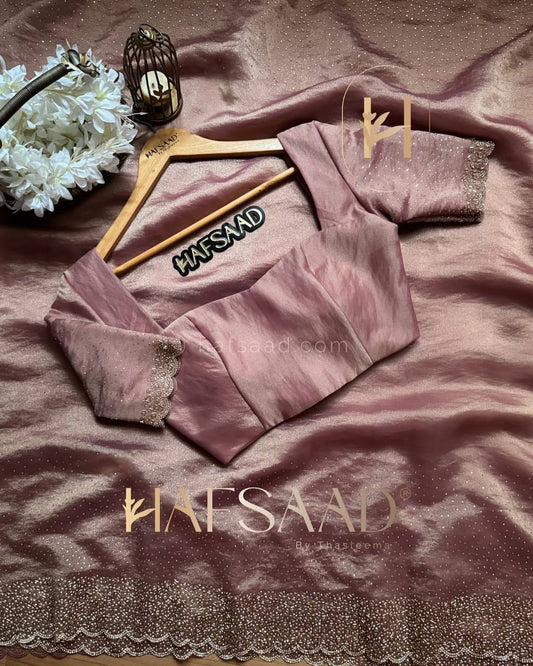 Women's Luxurious Shimmering Grey Organza Saree with Intricately Embroidered Black Blouse - Perfect for Festive & Evening Wear - Dusty Rose/Pink