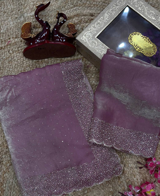 Women's Luxurious Shimmering Grey Organza Saree with Intricately Embroidered Black Blouse - Perfect for Festive & Evening Wear - Purple