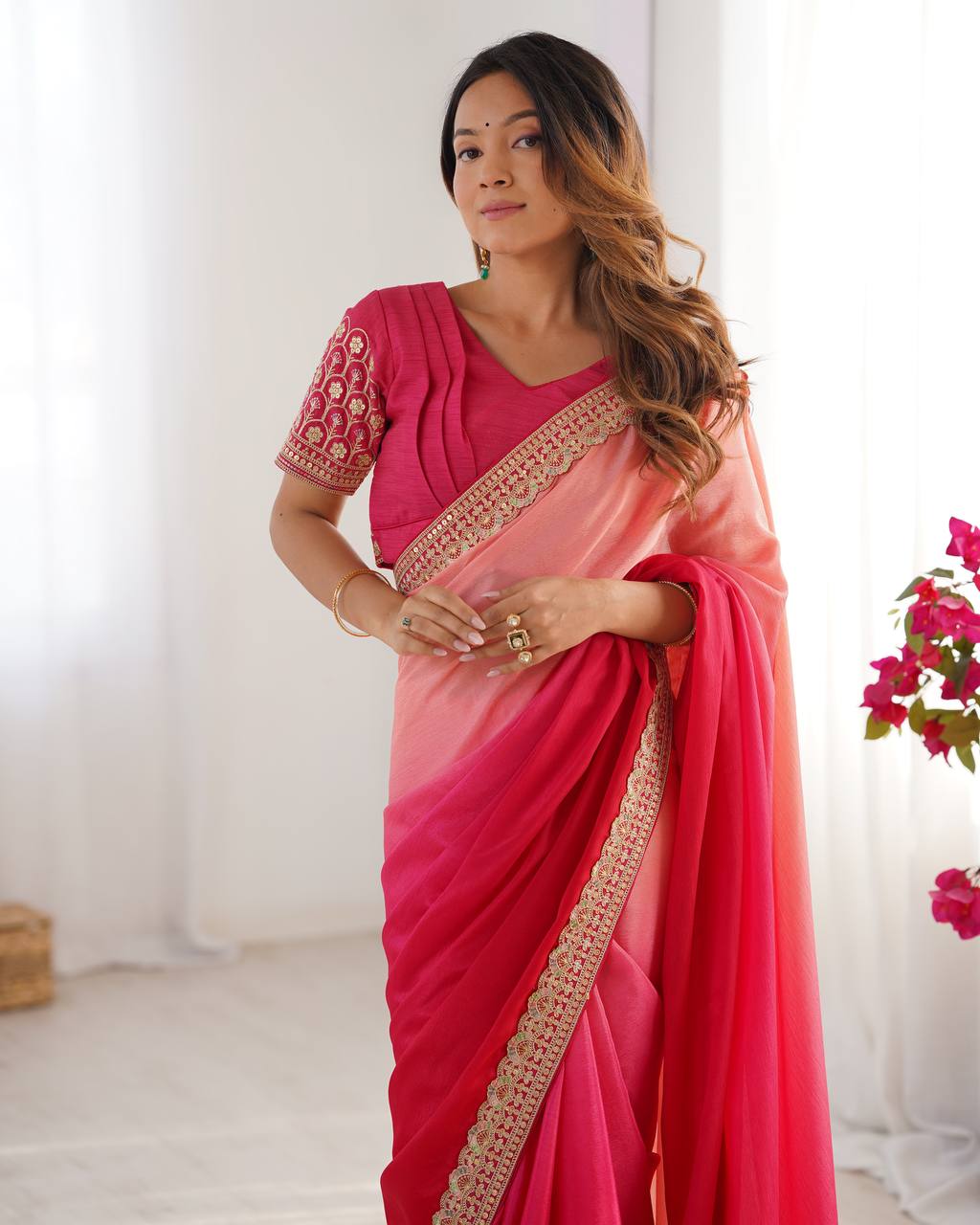 Women's Elegant Ombre Green Georgette Saree with Intricate Golden Zari & Stone Embellishments â Complete with Heavily Worked Blouse for Festive & Wedding Wear - Red Shades