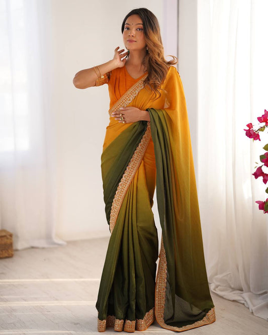 Women's Elegant Ombre Green Georgette Saree with Intricate Golden Zari & Stone Embellishments â Complete with Heavily Worked Blouse for Festive & Wedding Wear - Mustard Yellow and Olive Green