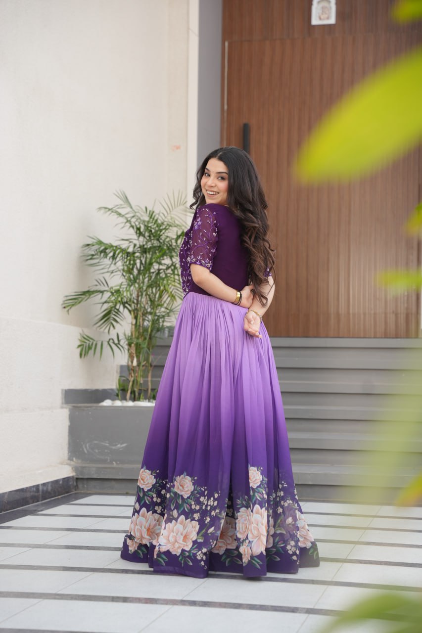 Women's Elegant Teal & Aqua Ombre Gown with Floral Printed Flair & Embellished Bodice â Perfect for Summer Festivities & Parties - Purple And Lavender, XXL (44)