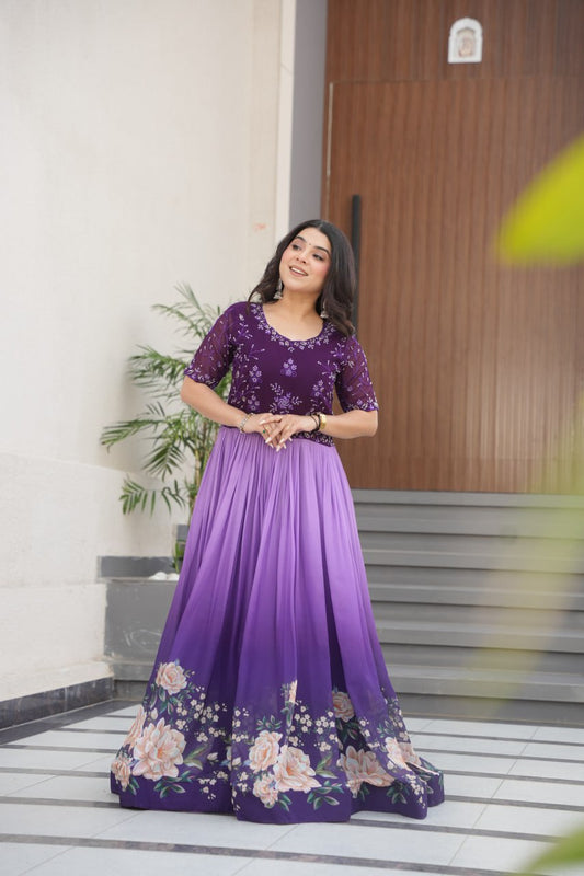 Women's Elegant Teal & Aqua Ombre Gown with Floral Printed Flair & Embellished Bodice â Perfect for Summer Festivities & Parties - Purple And Lavender, XL (42)