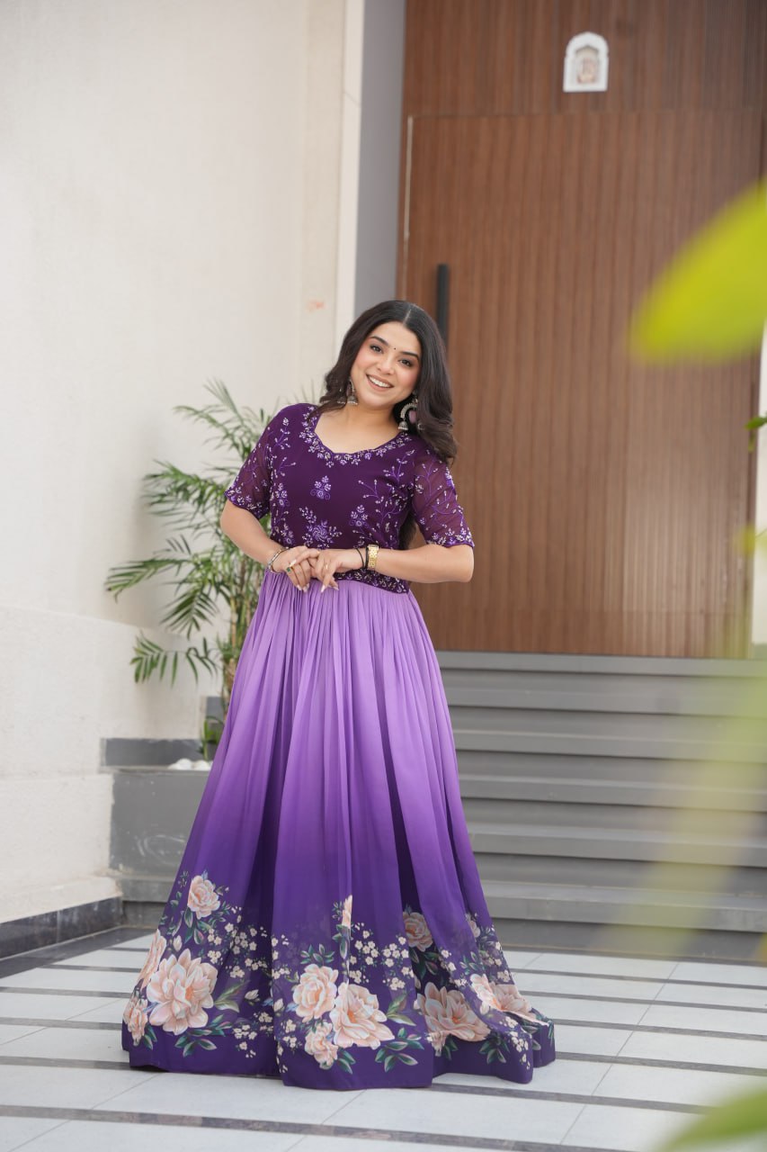 Women's Elegant Teal & Aqua Ombre Gown with Floral Printed Flair & Embellished Bodice â Perfect for Summer Festivities & Parties - Purple And Lavender, M (38)