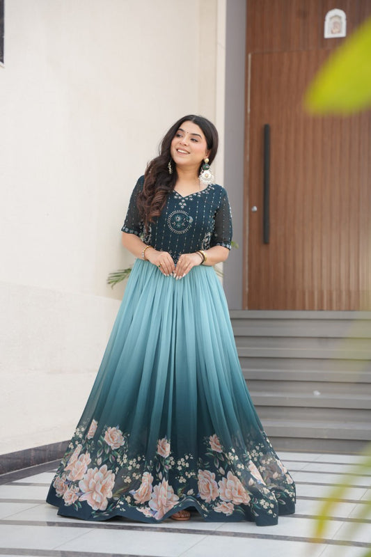 Women's Elegant Teal & Aqua Ombre Gown with Floral Printed Flair & Embellished Bodice â Perfect for Summer Festivities & Parties - Aqua/Light Blue, XXL (44)