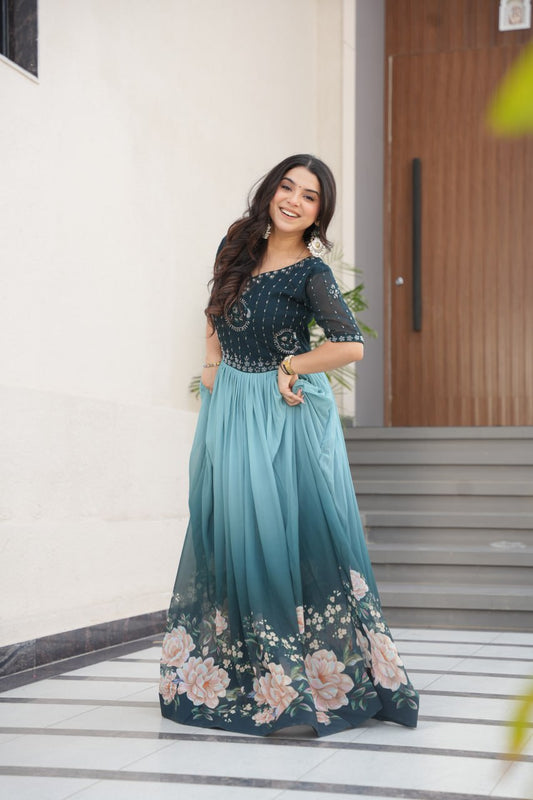 Women's Elegant Teal & Aqua Ombre Gown with Floral Printed Flair & Embellished Bodice â Perfect for Summer Festivities & Parties - Aqua/Light Blue, XL (42)