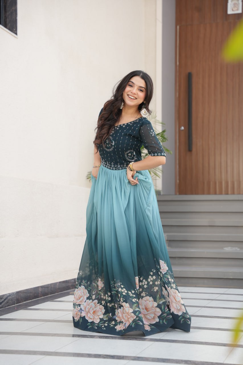 Women's Elegant Teal & Aqua Ombre Gown with Floral Printed Flair & Embellished Bodice â Perfect for Summer Festivities & Parties - Aqua/Light Blue, L (40)
