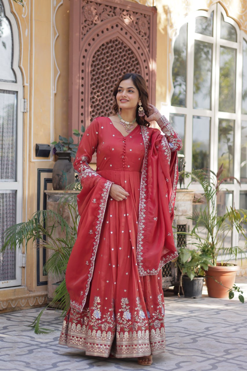 Women's Festive Rust Red Anarkali Gown with Intricate Silver Zari & Sequin Embroidery â Complete with Embroidered Dupatta