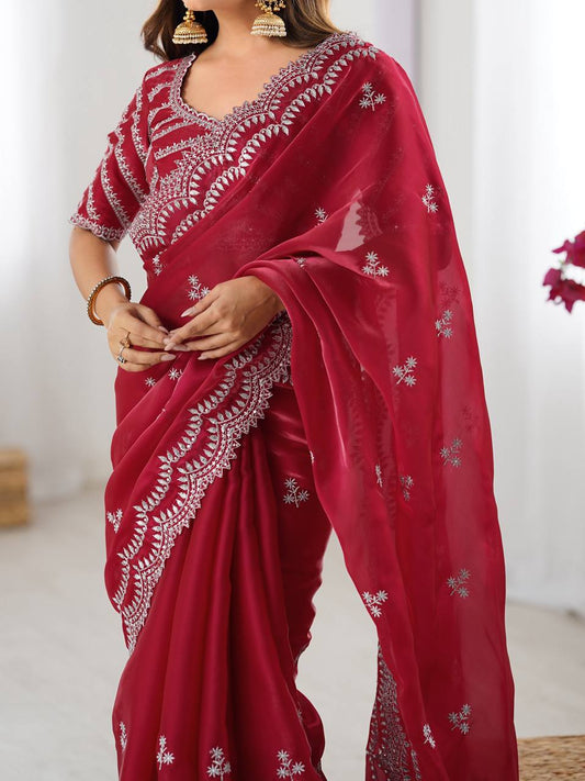 Women's Elegant Regal Purple Georgette Saree with Intricate Silver Thread & Sequin Embroidery â Complete with Embellished Blouse Piece for Festive & Party Wear - Red