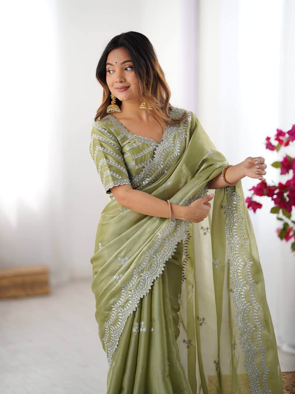 Women's Elegant Regal Purple Georgette Saree with Intricate Silver Thread & Sequin Embroidery â Complete with Embellished Blouse Piece for Festive & Party Wear