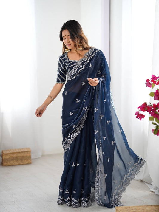 Women's Elegant Regal Purple Georgette Saree with Intricate Silver Thread & Sequin Embroidery â Complete with Embellished Blouse Piece for Festive & Party Wear - Navy Blue