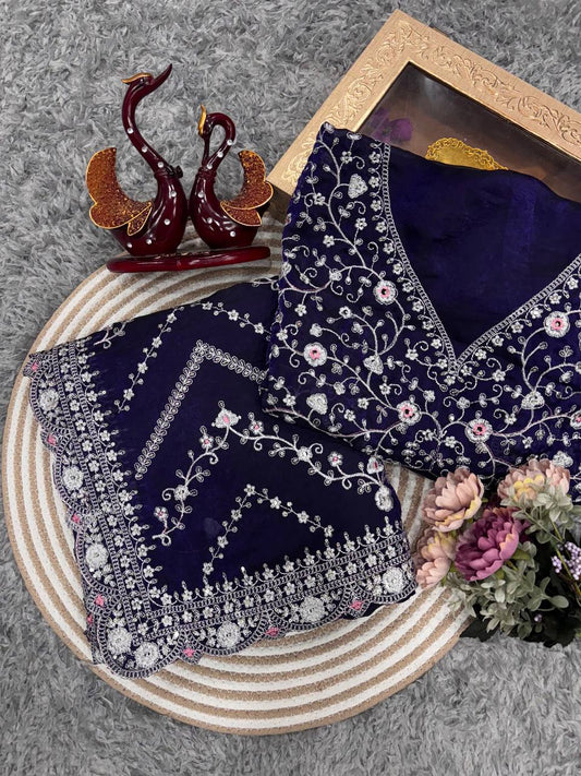 Royal Blue Embroidered Blouse Piece with Intricate Mirror, Sequin & Floral Threadwork â Ready-to-Stitch Fabric for Sarees & Festive Ethnic Wear